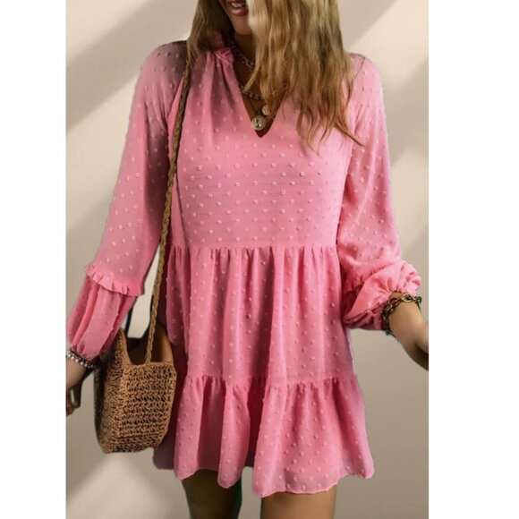 🔥3/$30🔥 NEW - Pink Swiss Dots Long Sleeve Mini Dress – Size XL - Picture 1 of 10
